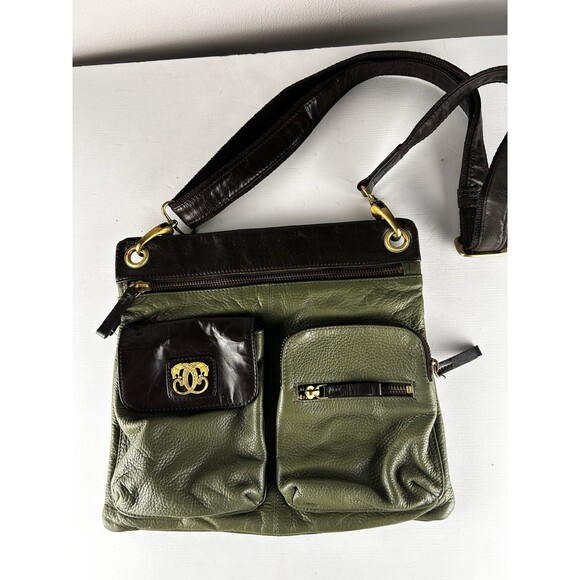 Sharif Handbags - Americana by Sharif Vintage Army Green & Brown Leather Crossbody Gold Lions Gate